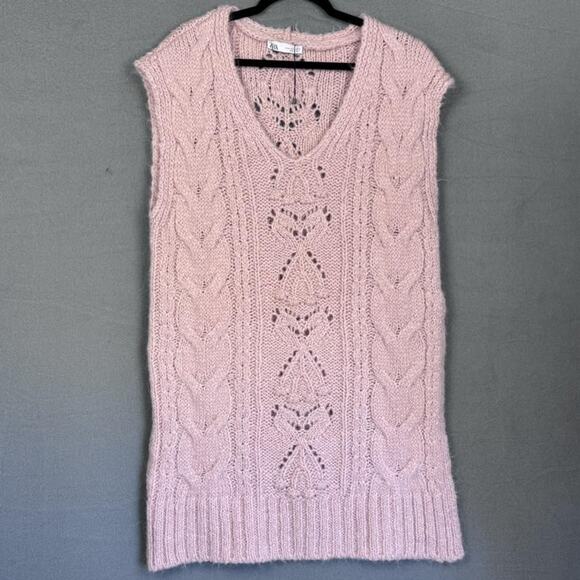Zara Dresses & Skirts - Zara Sweater Dress Womens Medium‎ Pink Cable Knit Sleeveless Alpaca Boho Preppy